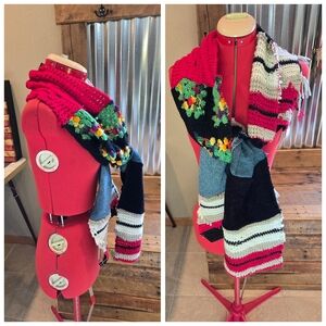 Upcycled knit & denim patch winter scarf Dont Throw It Out